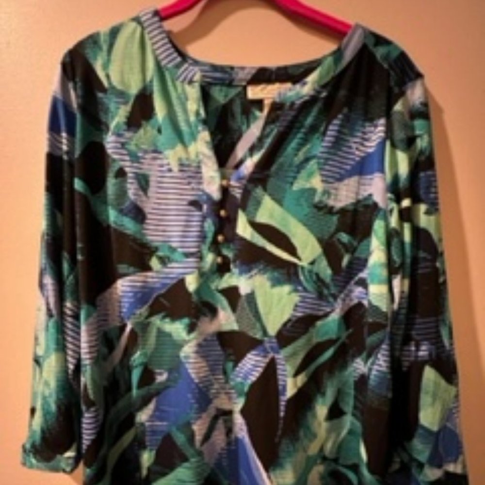 Dana Buchman Long Sleeve Blue Print Stand up Collar Blouse Size Large